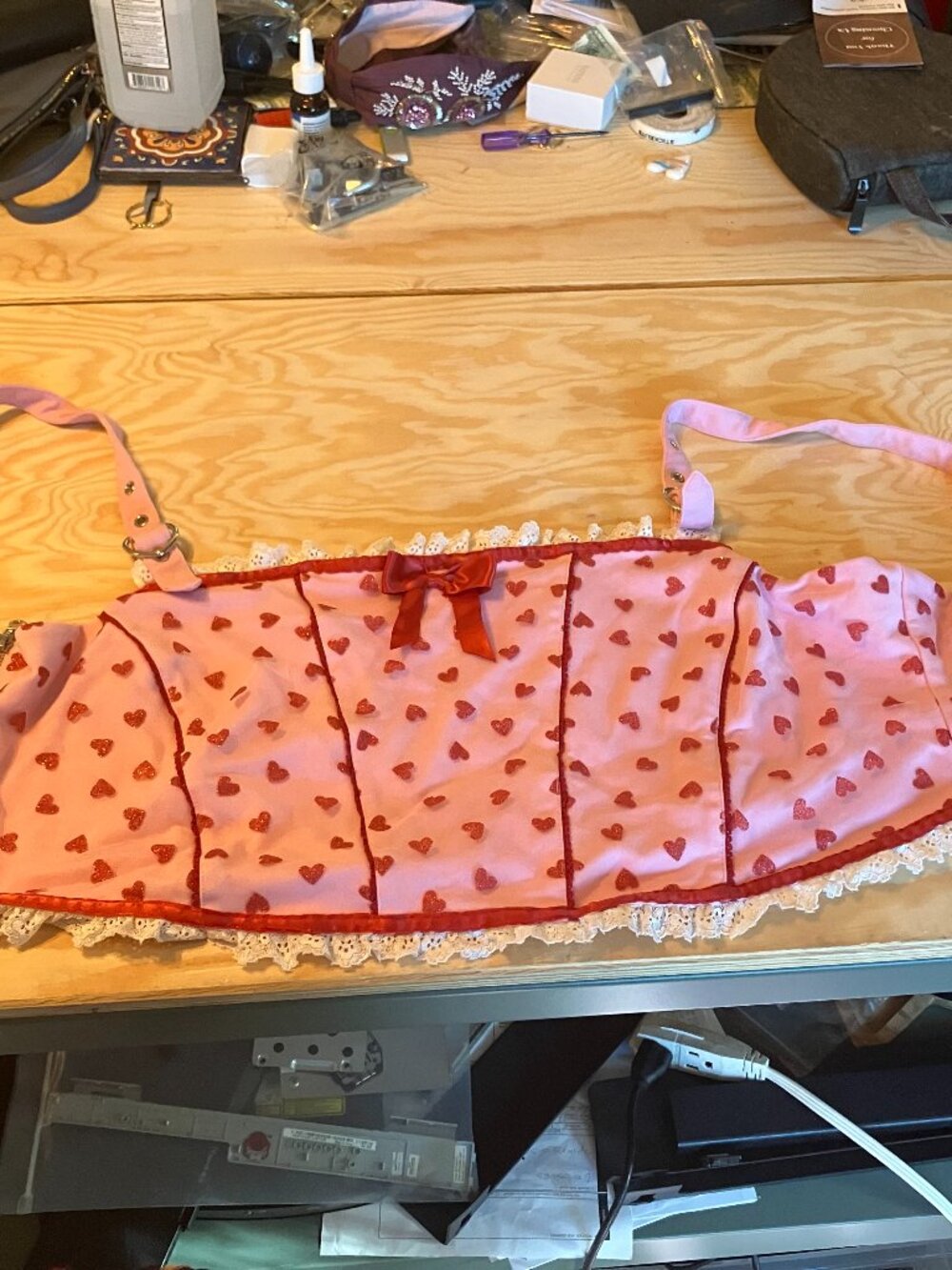 My Violet Lucky Girl Crop Top 4XL Plus, Pink with Lace and Red Heart Accents